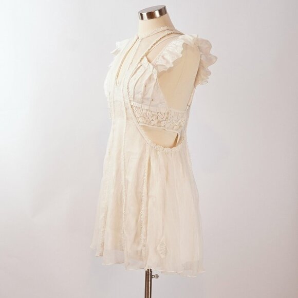 Free People Anna Twofer Lace Sheer Ruffles Crochet Overlay Mini Dress - Small - Picture 3 of 10